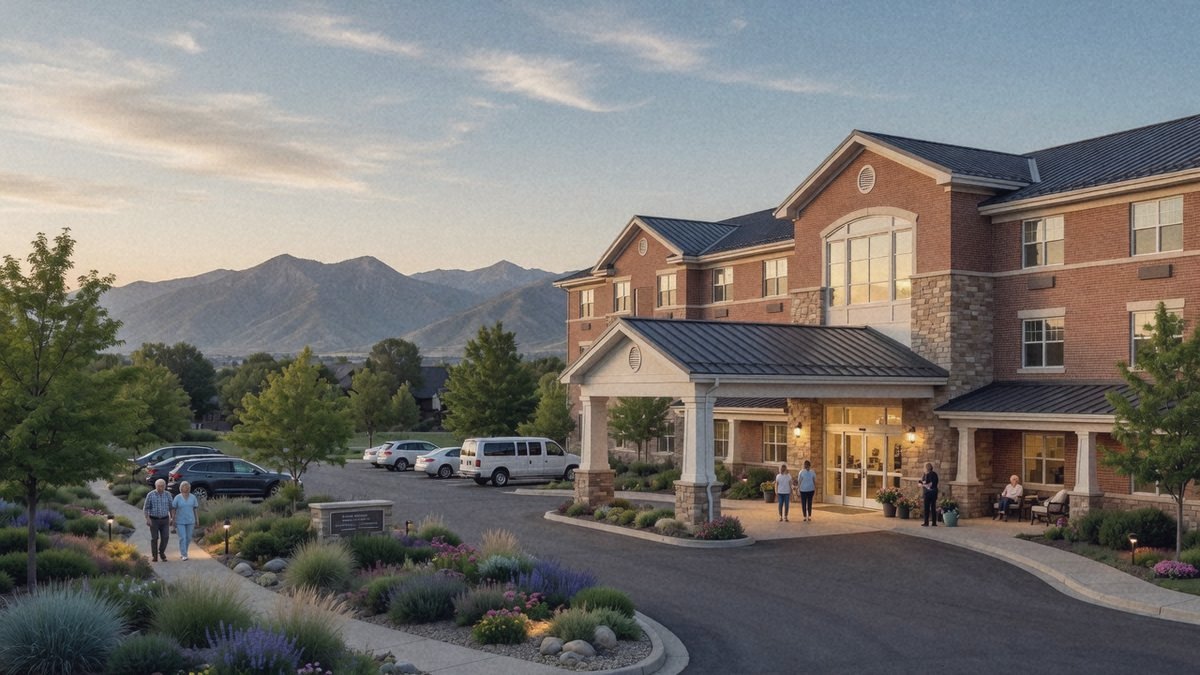 A welcoming assisted living facility at dusk in Utah with a covered entry, garden landscaping, and mountains behind