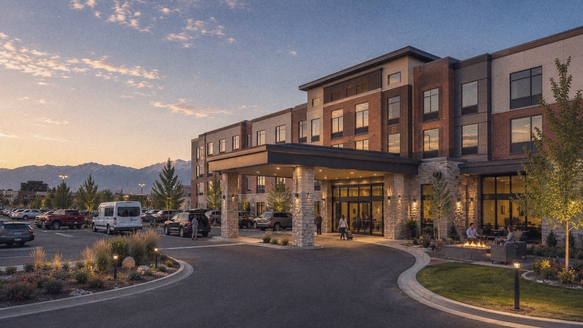 A modern hotel with a lit porte-cochere entrance at dusk in Utah, with the Wasatch mountains behind
