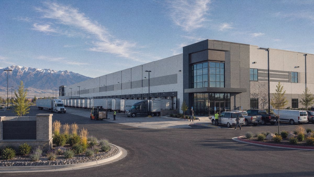 A large distribution warehouse with loading docks and trucks, Wasatch mountains behind