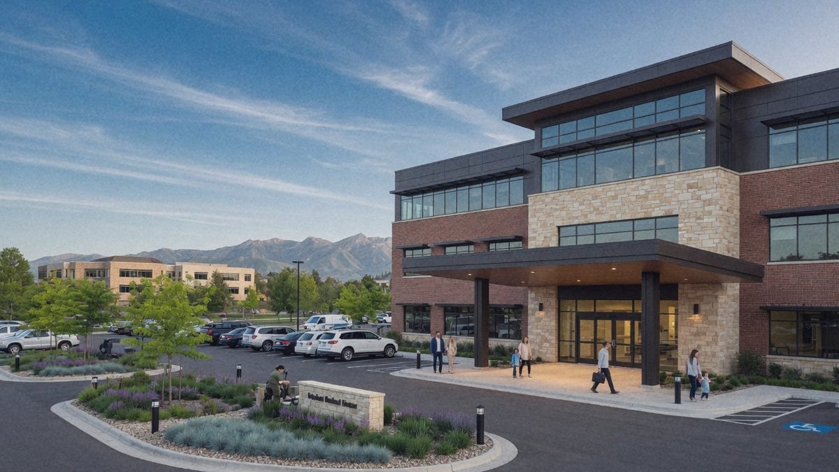 A modern medical office building with brick and stone facade in a Utah business park