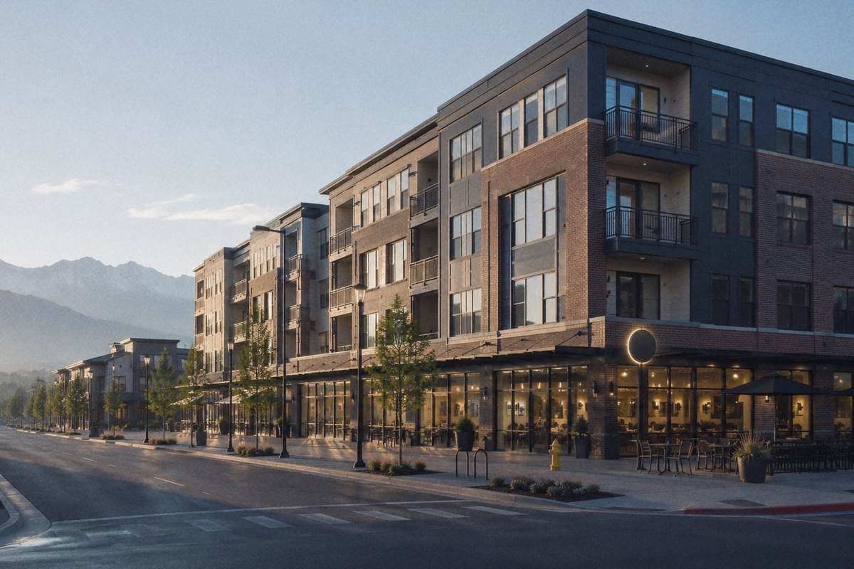 A modern mixed-use building in a Utah town center at dawn, with ground-floor shops and a cafe below apartments, mountains behind