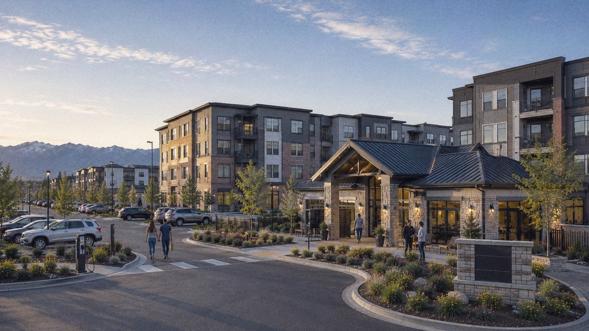 A modern garden-style apartment community at dusk in Utah with a stone clubhouse, balconies, and mountains behind