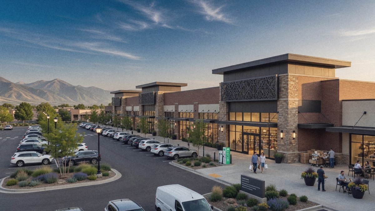 A modern retail strip center with storefronts and mountain views in Utah
