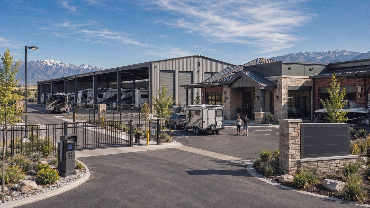 A covered RV and boat storage facility with a stone-and-metal office building in Utah