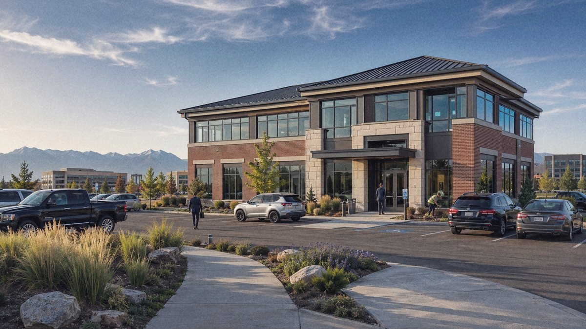 A two-story brick and glass commercial building in Utah with the Wasatch mountains behind it