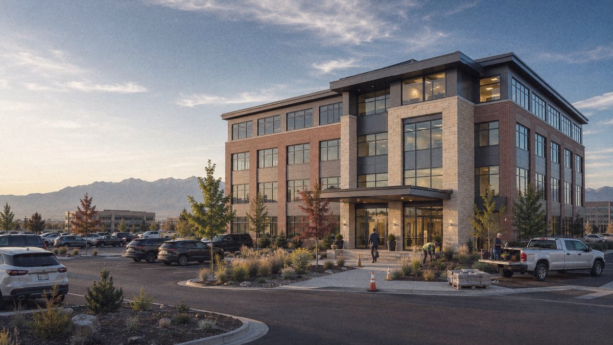 A modern multi-story commercial office building at golden hour in a Utah business park